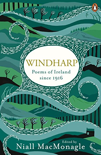 Book cover featuring stylized green hills, swirling wind patterns, and the title Windharp.