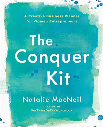 Book cover: "The Conquer Kit" business planner with teal watercolor background.