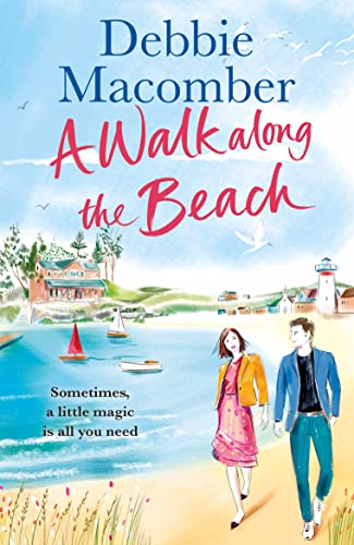 Book cover: couple walking on beach, coastal town illustration.