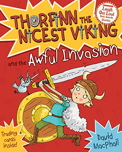 Book cover: Viking boy with sword and shield, red background.