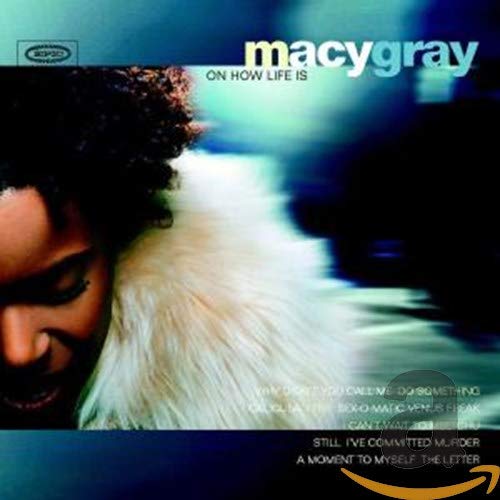 Macy Gray album cover, close-up of face and white fur texture.