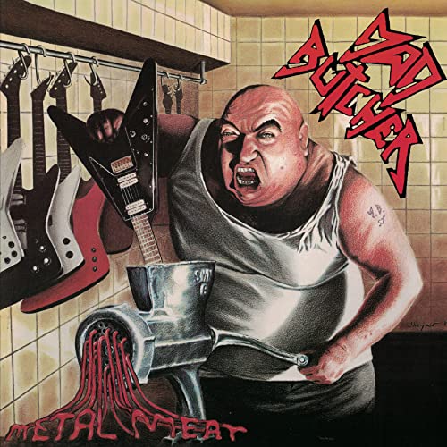 Album cover: bald man with guitars and a meat grinder.