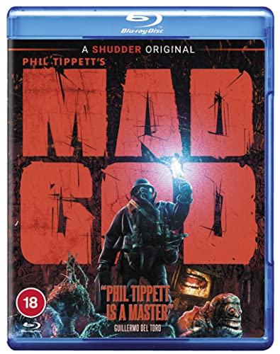 Blu-ray case for Mad God featuring a gas-masked figure against a distressed red background.