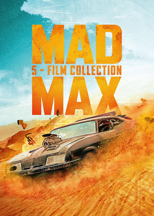 Mad Max" 5-film DVD collection cover with a car in a desert.