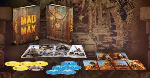 Mad Max" Blu-ray box set with discs, artwork, and character cards.