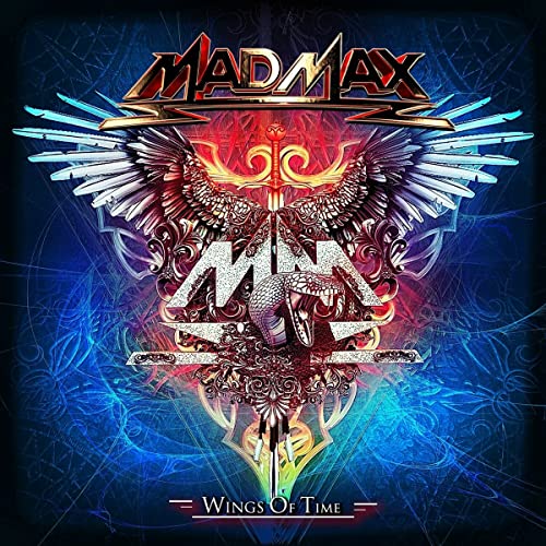 Album cover featuring a metallic snake, wings, and a sword on a blue background.