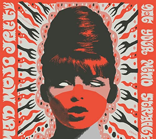 CD cover: black and white portrait with red and pink abstract background.