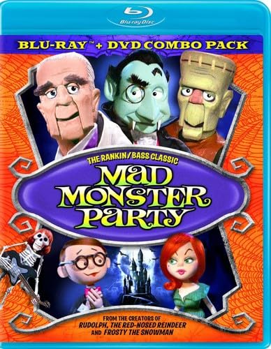 Mad Monster Party" Blu-ray cover featuring cartoon monsters and a spooky castle.
