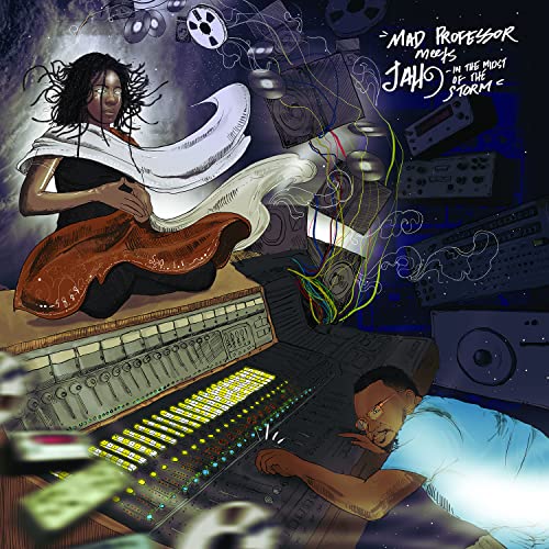 Illustrated CD cover of musicians in a recording studio with mixing equipment.