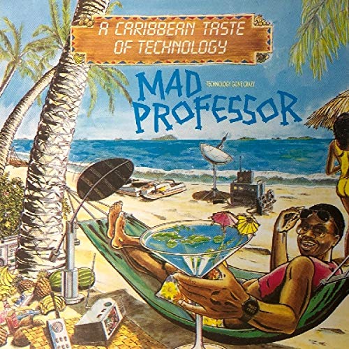 Vinyl record cover: beach scene with people, technology, and a palm tree.
