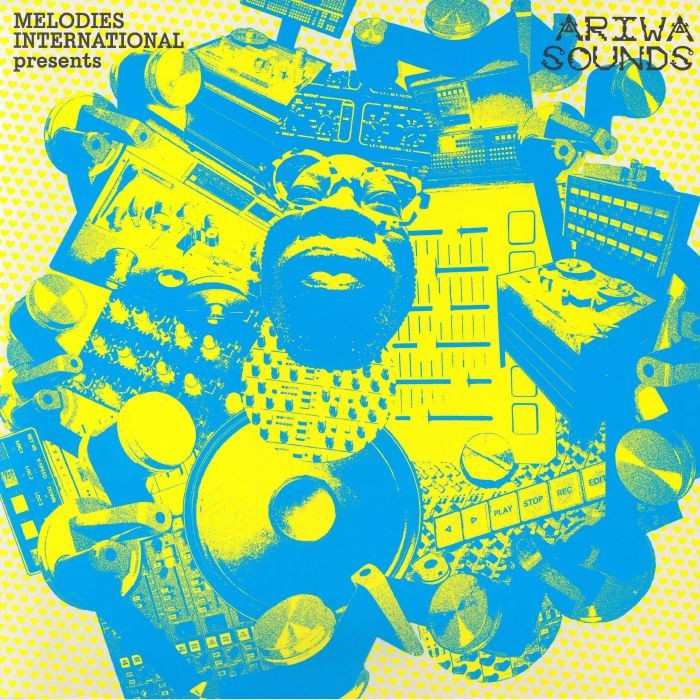Yellow and blue collage of audio equipment with a central face.