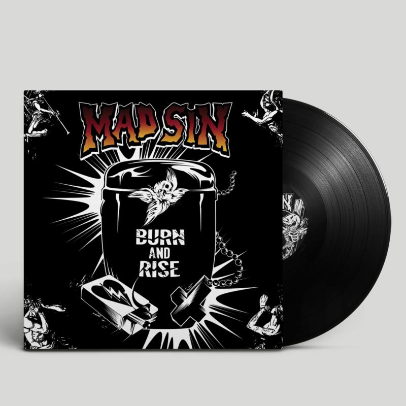 Black vinyl record with a black cover featuring a skull and flames.