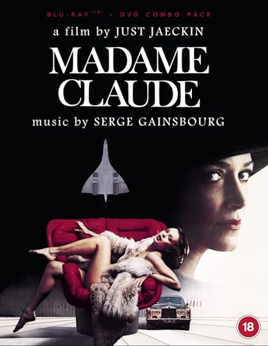 Madame Claude" Blu-ray cover featuring a woman, a red chair, and a jet.