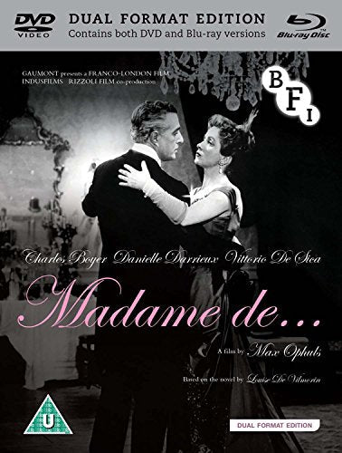 Black and white film poster for "Madame De..." with dancing couple.