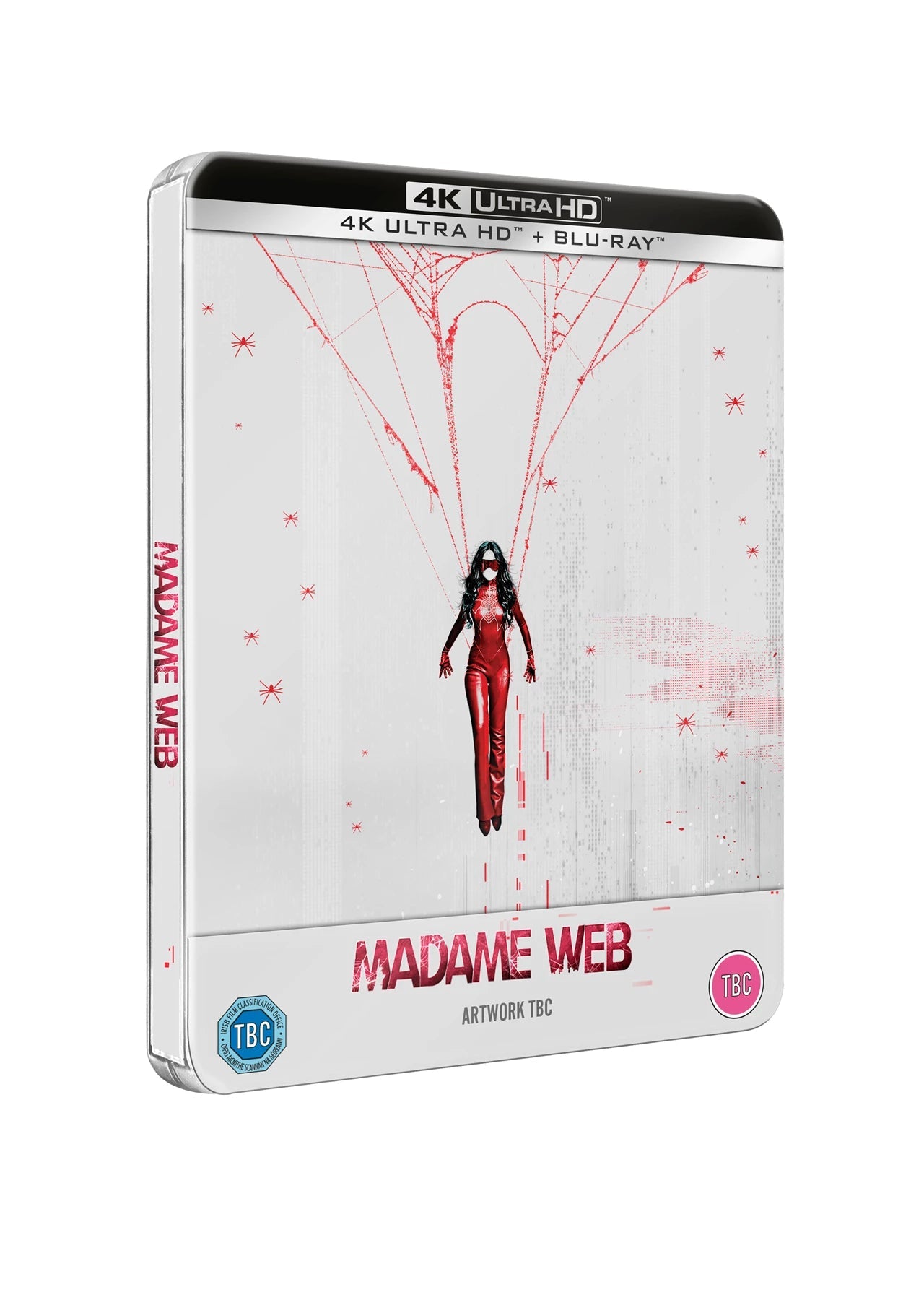 Silver steelbook case for "Madame Web" featuring a woman in red.