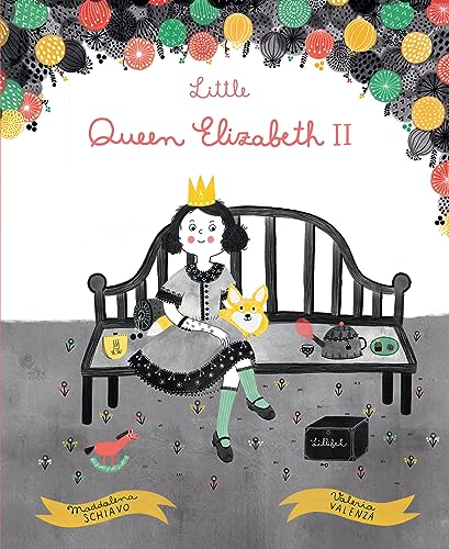 Illustration of a young girl wearing a crown, sitting with a corgi.