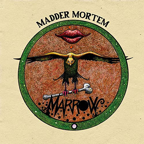 CD cover: lips, bird, bones, and text within a circular, textured design.