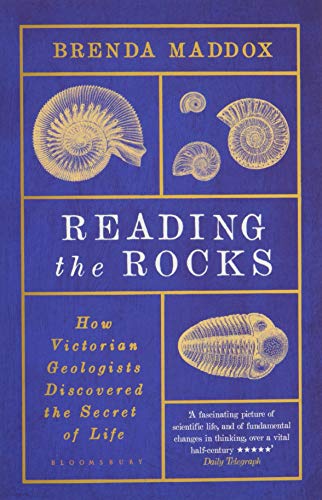 Book cover: “Reading the Rocks” with fossil illustrations on a blue background.