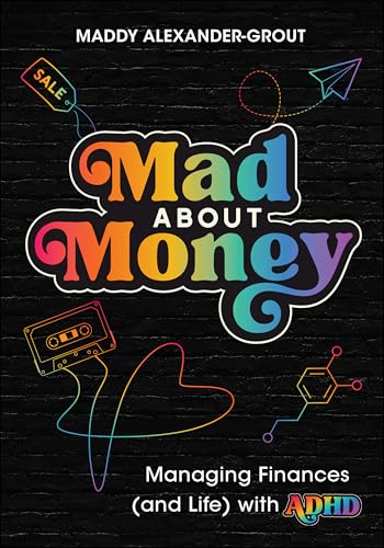 Book cover: "Mad About Money" with colorful doodles and ADHD text.