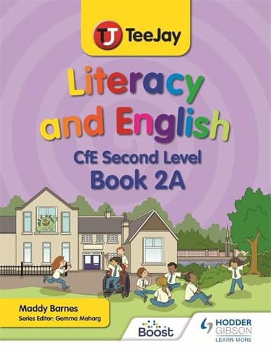 Textbook cover with children near a school building, titled "TeeJay Literacy and English.