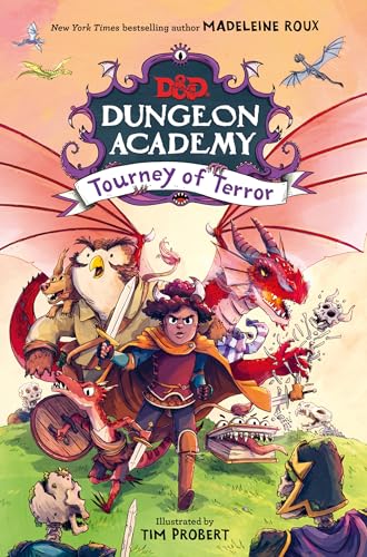 Book cover: “Dungeon Academy” with dragons, heroes, and a spooky scene.