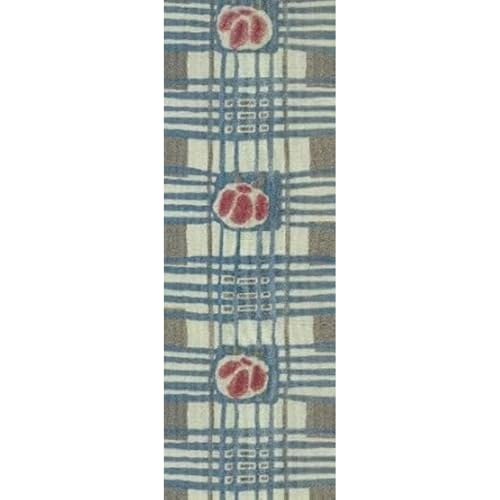 Vertical textile with repeating blue and red floral motifs.