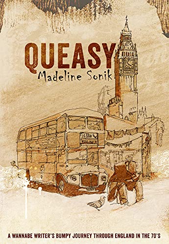 Book cover: "Queasy" with sketched London bus and Big Ben.