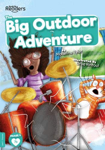 Girl playing drums, surprised orange cat, book cover illustration.