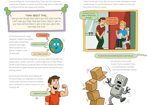 An illustrated book page showing humans, a globe, and a robot stacking boxes.