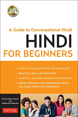 Book cover: "Hindi for Beginners" with diverse students pictured.