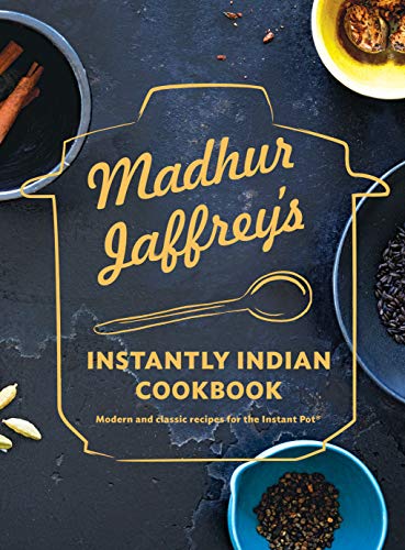 Cookbook cover featuring "Madhur Jaffrey's Instantly Indian Cookbook" with spices.
