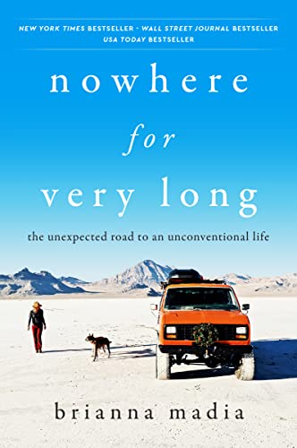Book cover: desert landscape, orange van, person and dog walking.