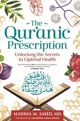 Book cover titled The Quranic Prescription featuring a stethoscope, heart, fruit, and open book.