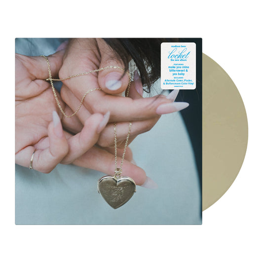 Madison Beer’s “Locket” vinyl record with a hand holding a heart locket.