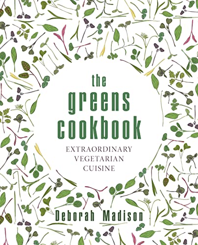 Cookbook cover with green foliage pattern and title “The Greens Cookbook”.
