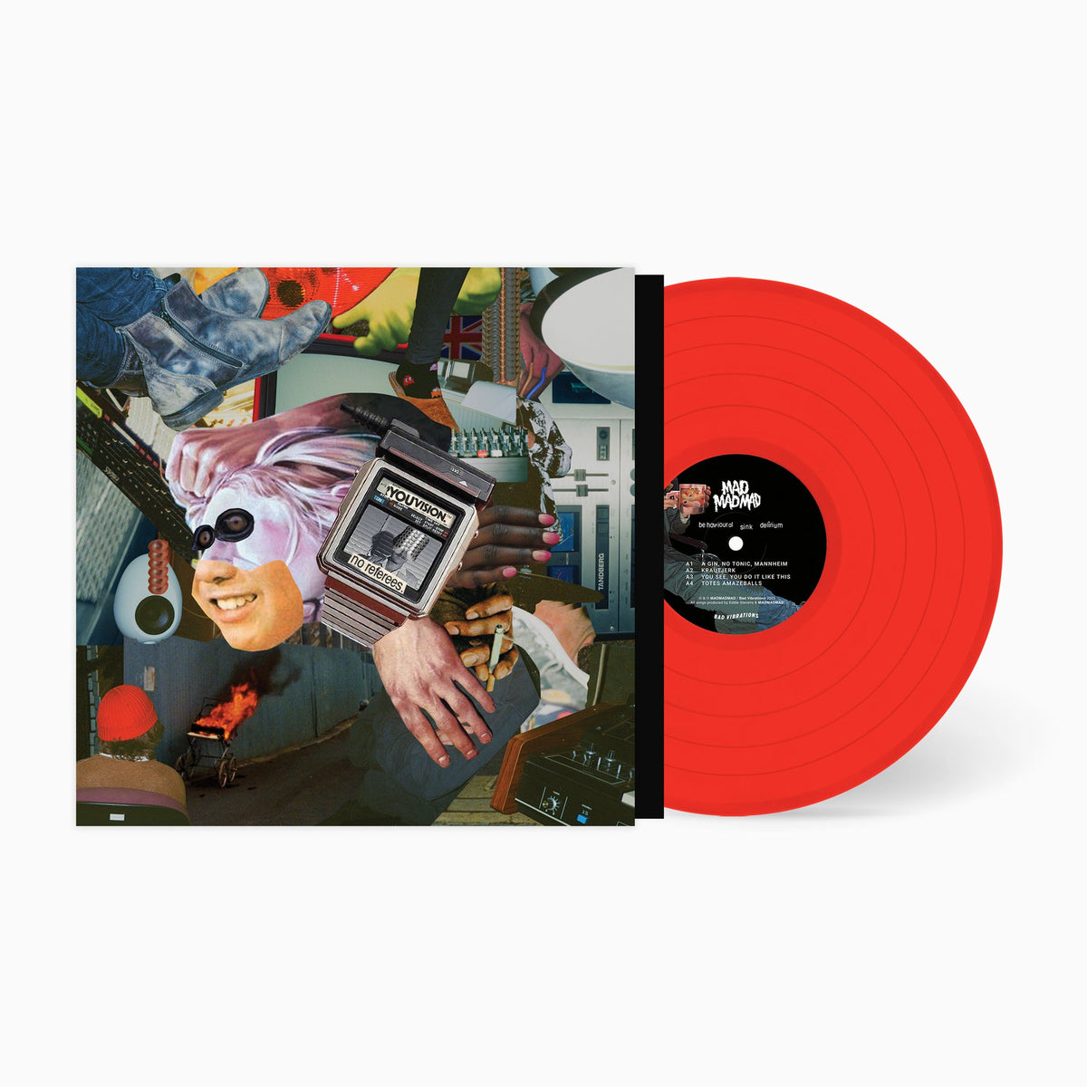 Vinyl record with collage cover featuring a distorted face and orange disc.