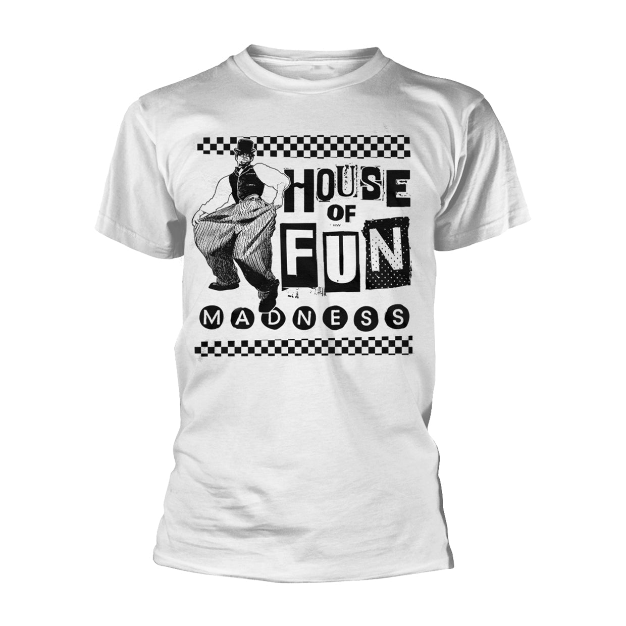 White t-shirt with black and white checkered design and cartoon figure.