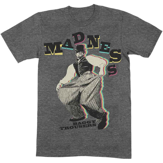 Grey t-shirt with “Madness” logo and image of a man in baggy trousers.