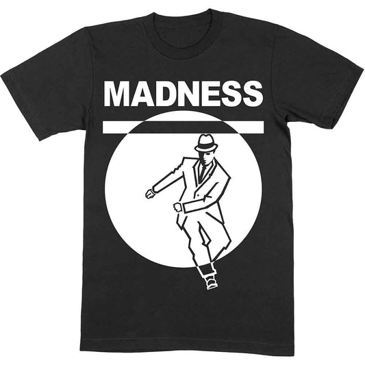 Man wearing a black t-shirt with the white Madness band logo and dancing figure.