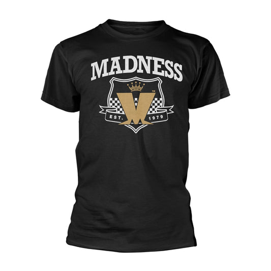 Black t-shirt with white "Madness" text and crest logo design.