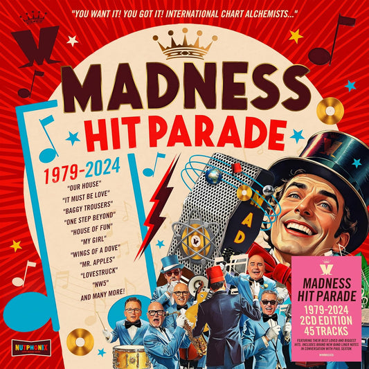 Album cover for Madness Hit Parade featuring band members in suits on red background.