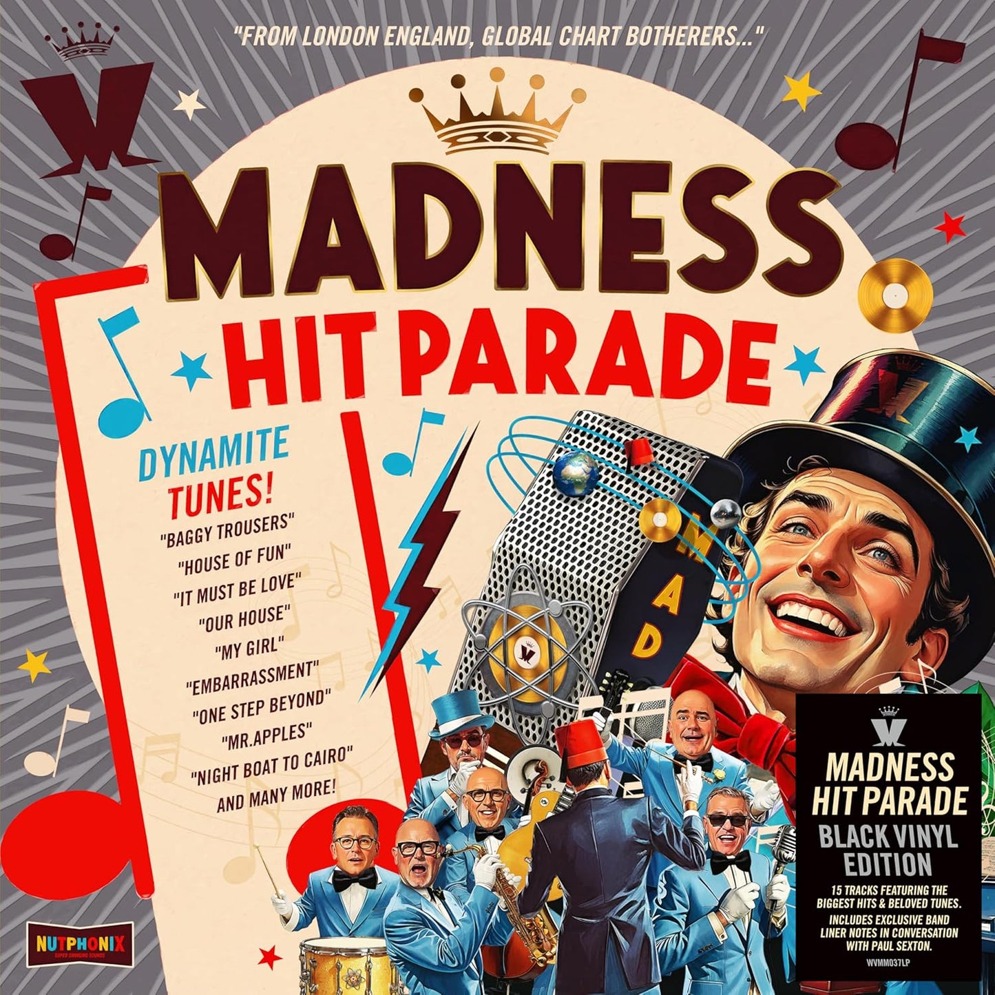 Madness “Hit Parade” vinyl record cover with band illustration.