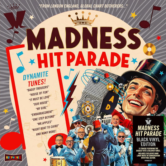 Madness “Hit Parade” vinyl record cover with band illustration.