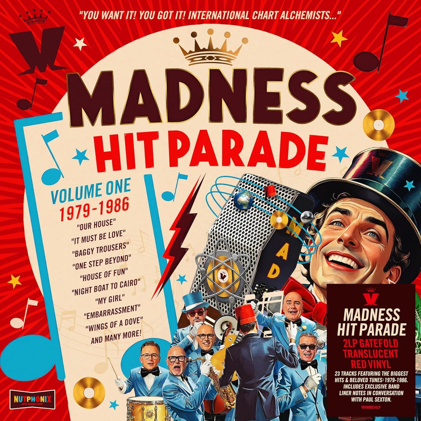 Album cover for Madness Hit Parade featuring band members in suits and top hats.