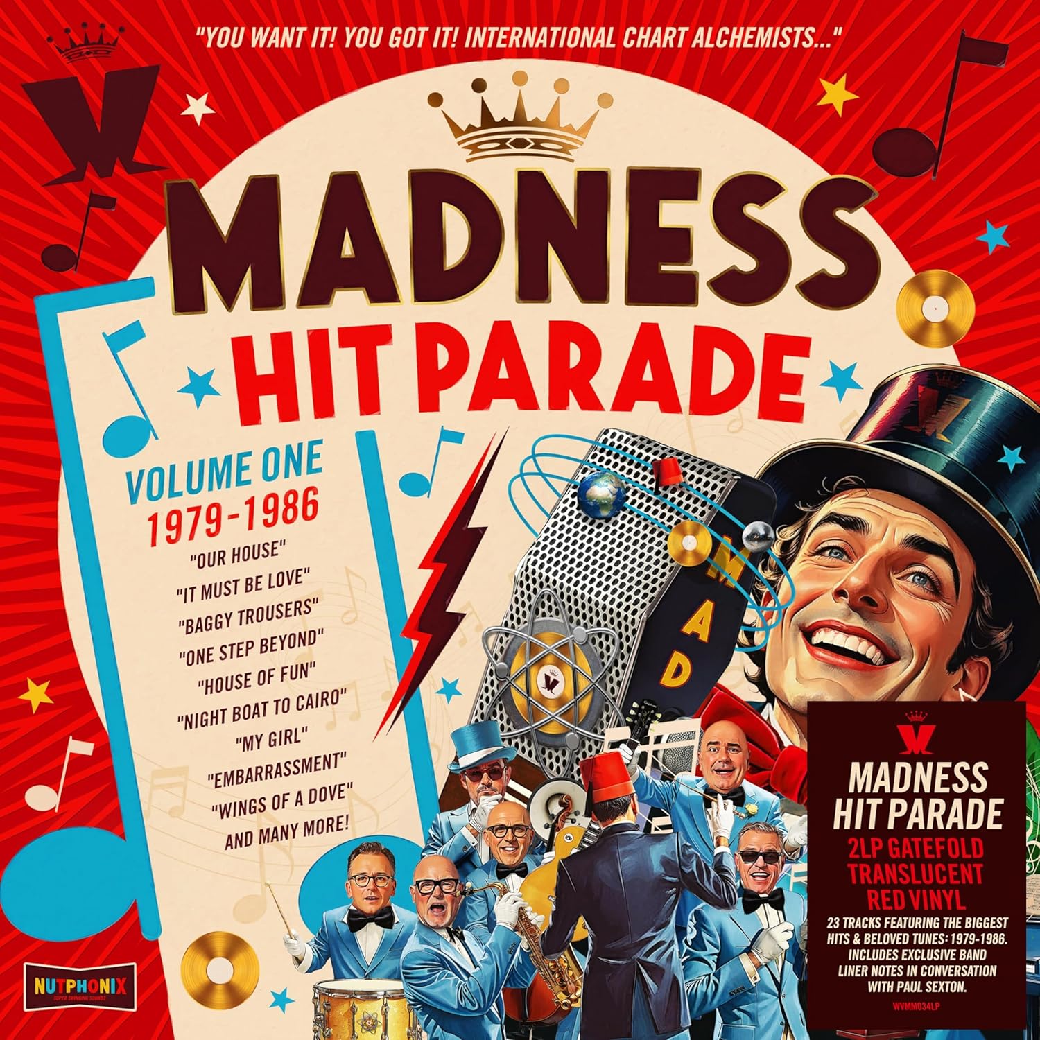Album cover for Madness Hit Parade featuring band members in suits and top hats.