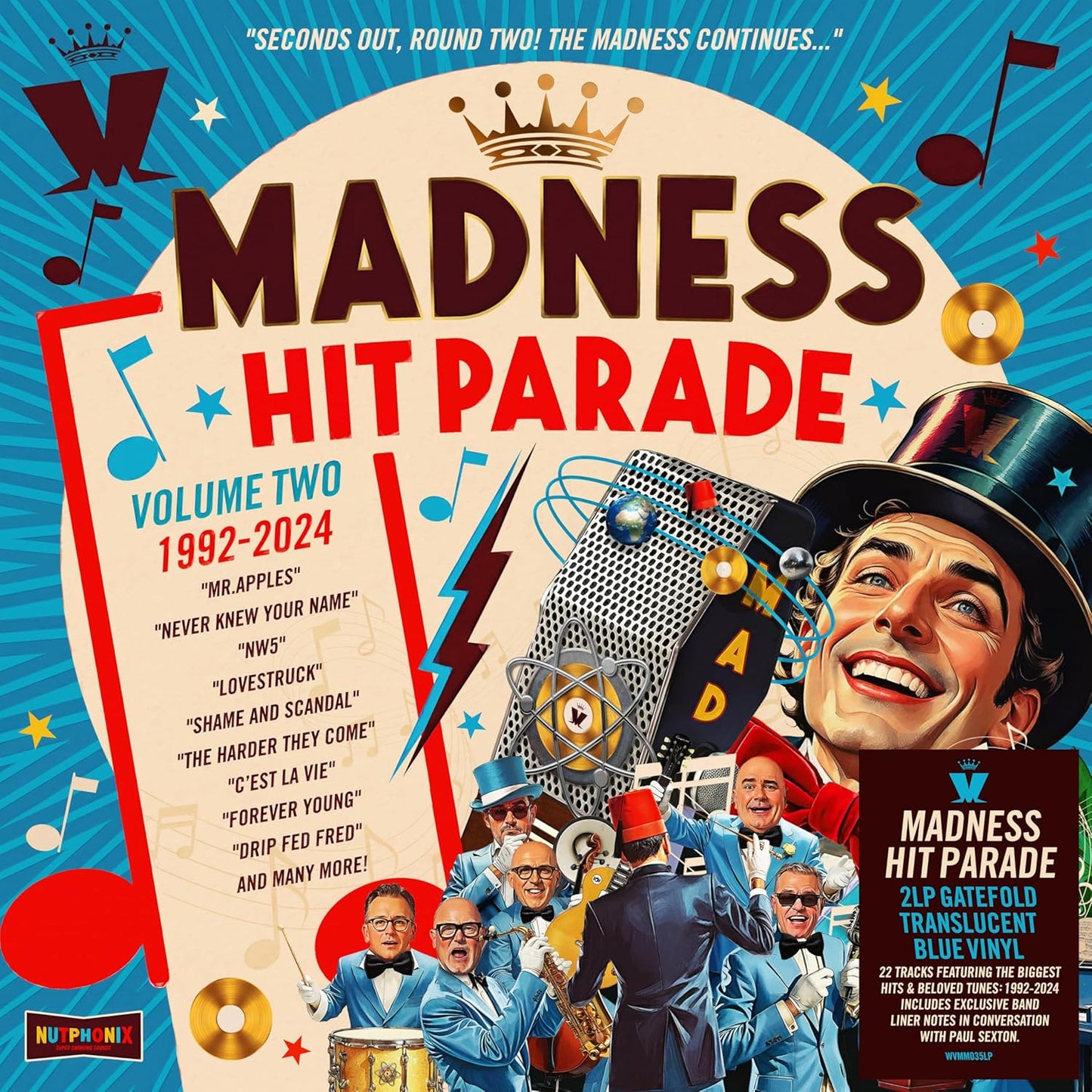 Album cover for Madness Hit Parade Vol 2 featuring band members in blue suits.