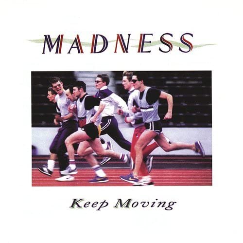 Album cover for Madness’ “Keep Moving” featuring men running on a track.
