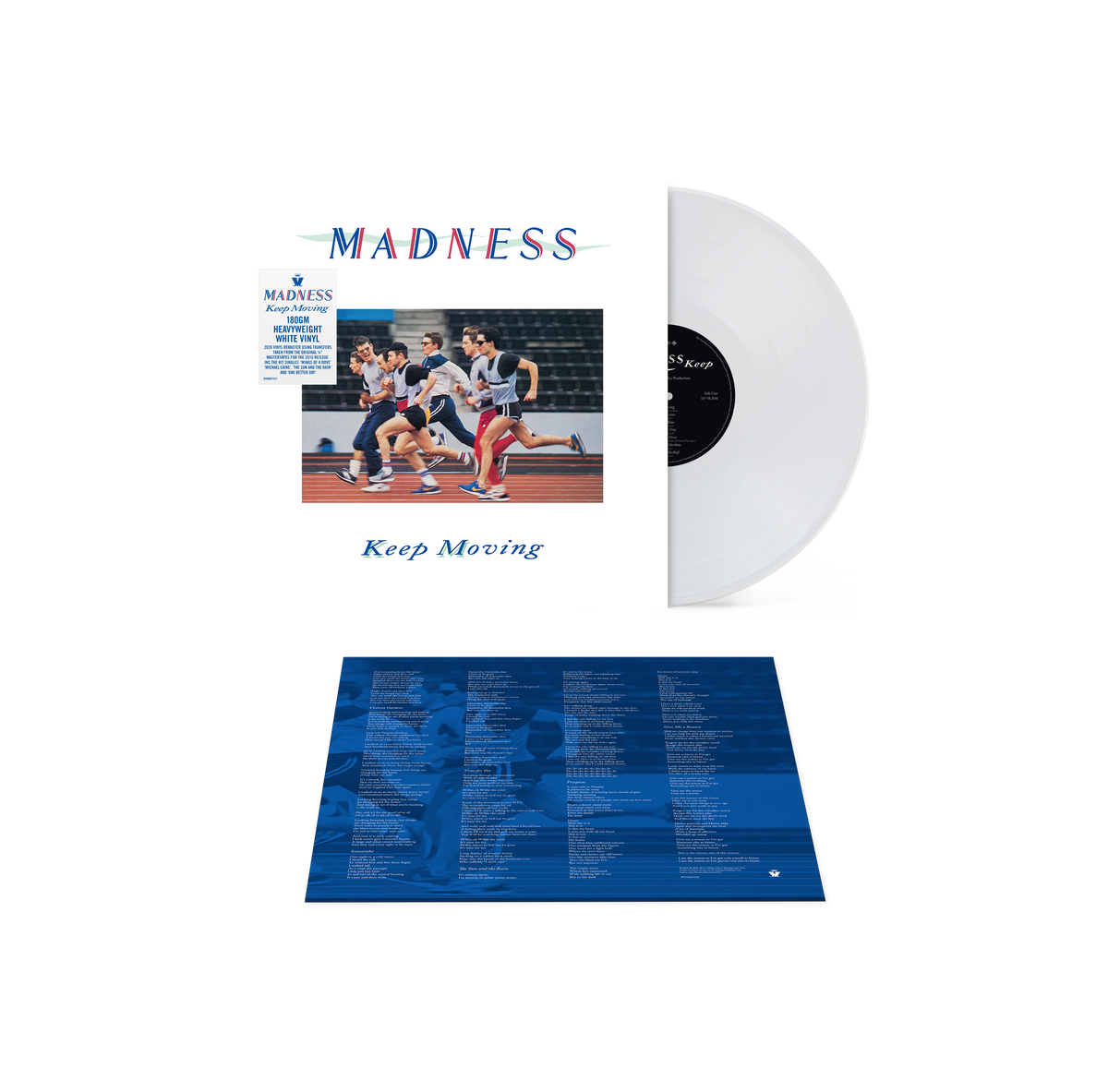 White vinyl LP of Madness' "Keep Moving" album with blue sleeve.