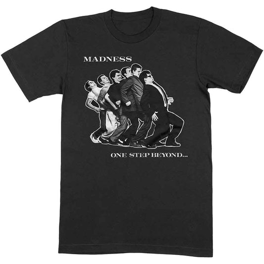 Black t-shirt with white Madness band logo and silhouetted figures.