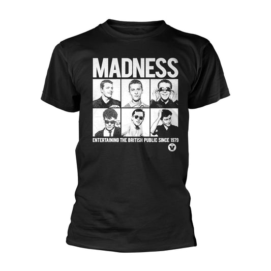 Black t-shirt with white "Madness" text and band member portraits.